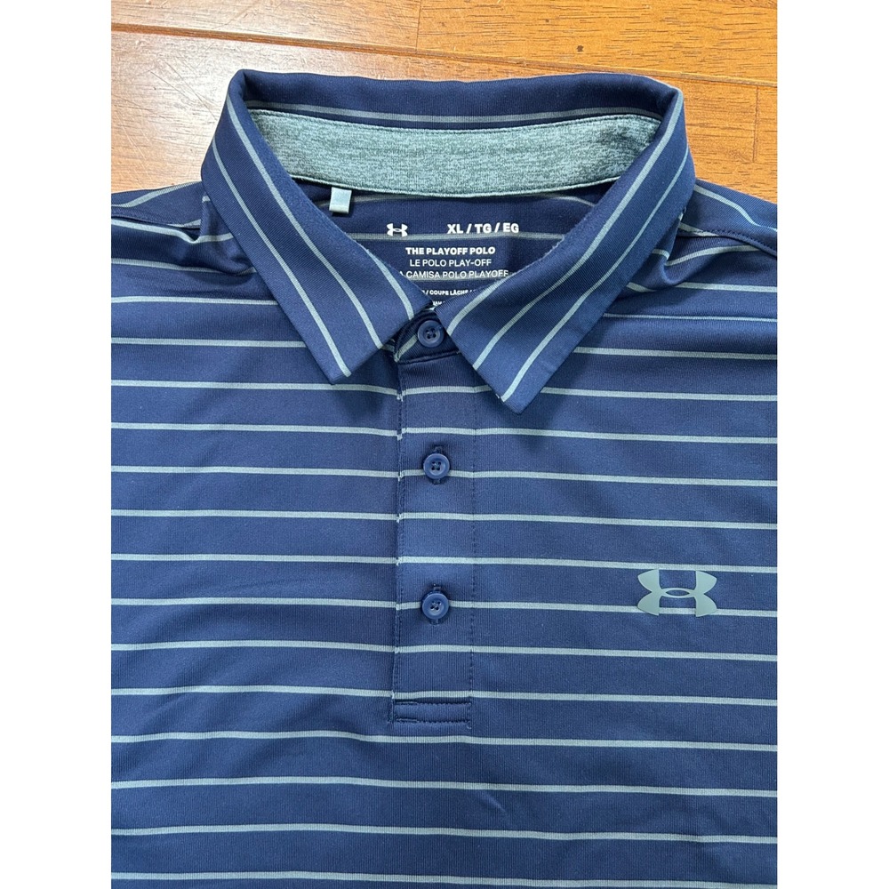Under Armour Playoff Polo Mens XL Navy Blue Striped Short Sleeve Golf Shirt